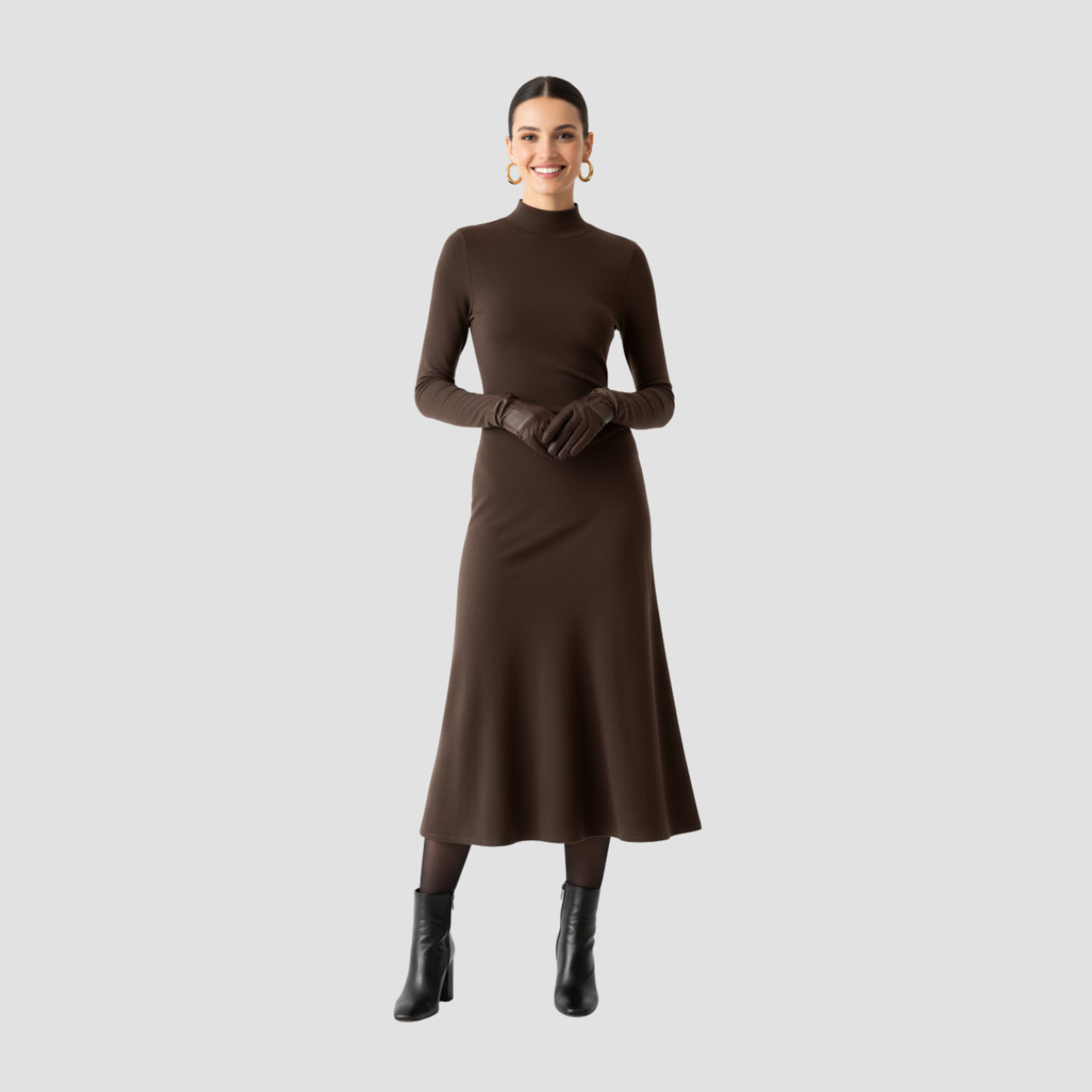High-Neck Midi Dress | Long Sleeve Fit, Soft Drape & Elegant Seasonal Style