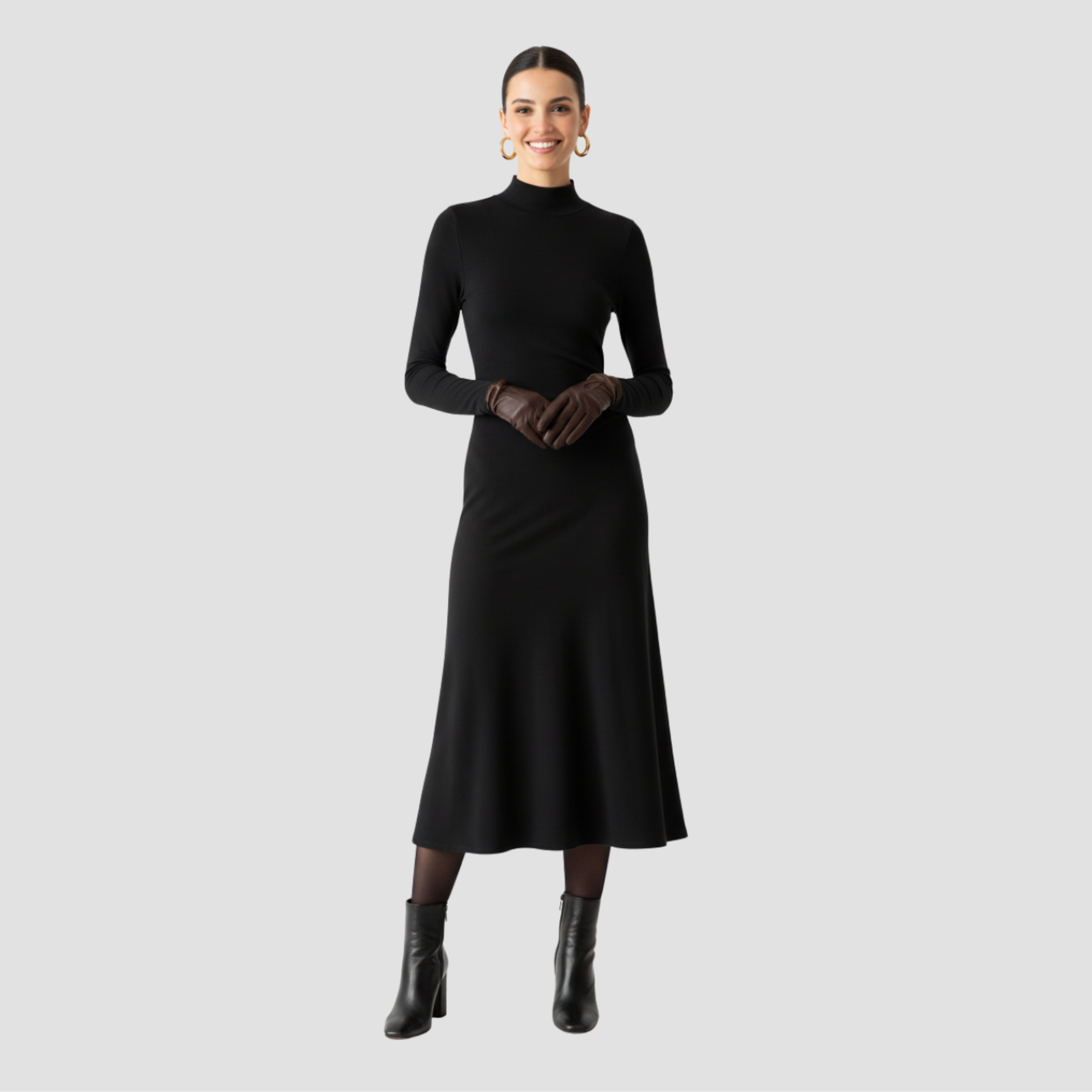 High-Neck Midi Dress | Long Sleeve Fit, Soft Drape & Elegant Seasonal Style