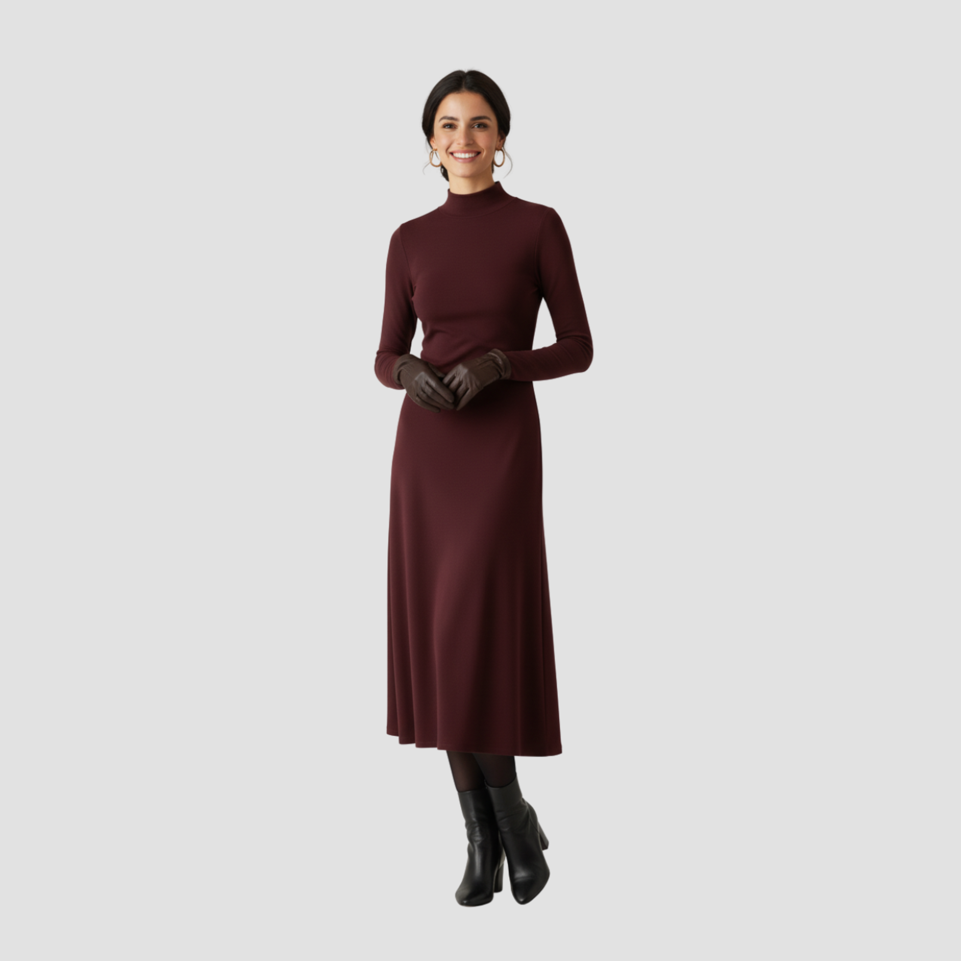 High-Neck Midi Dress | Long Sleeve Fit, Soft Drape & Elegant Seasonal Style