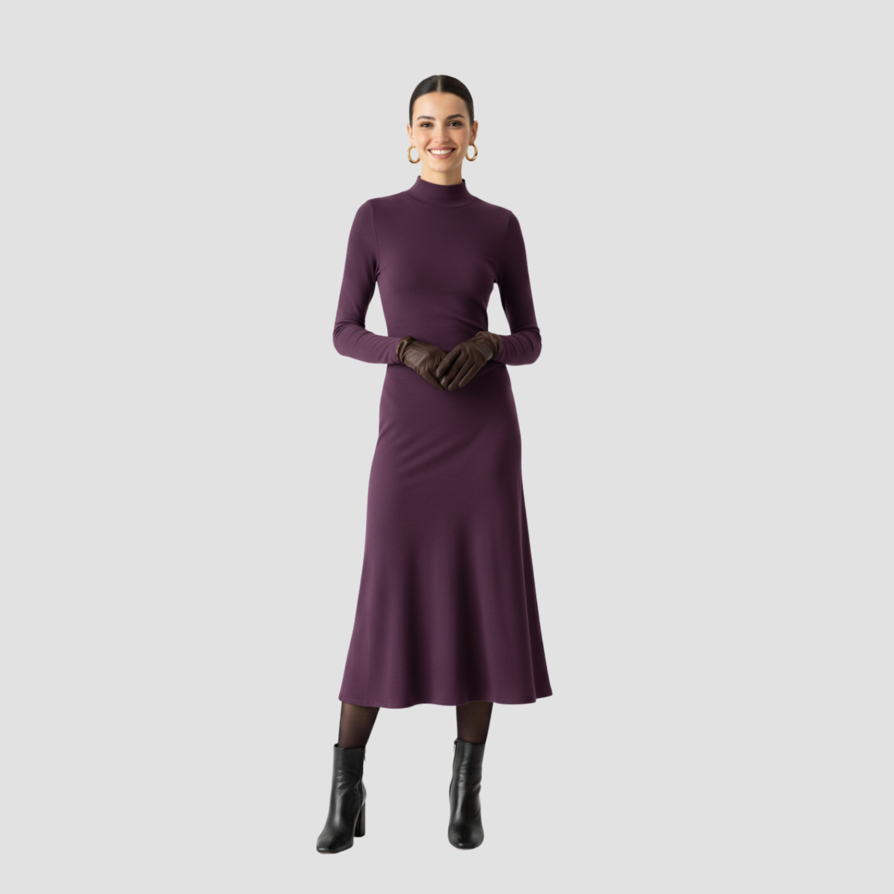 High-Neck Midi Dress | Long Sleeve Fit, Soft Drape & Elegant Seasonal Style