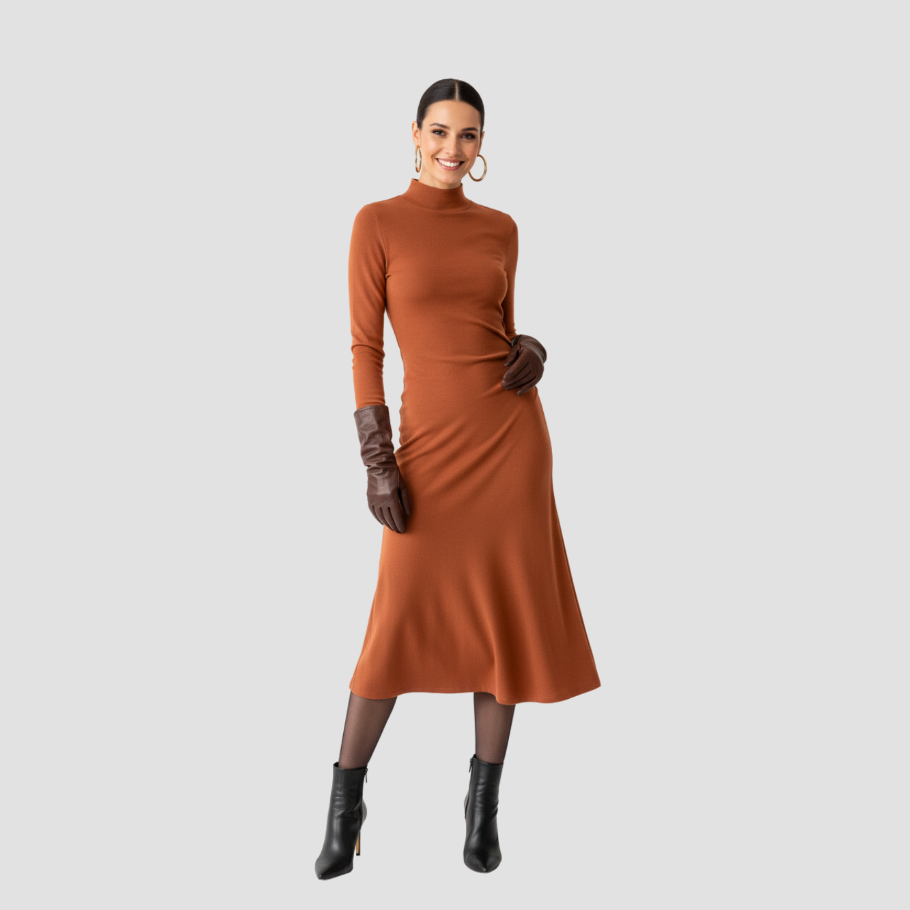 High-Neck Midi Dress | Long Sleeve Fit, Soft Drape & Elegant Seasonal Style