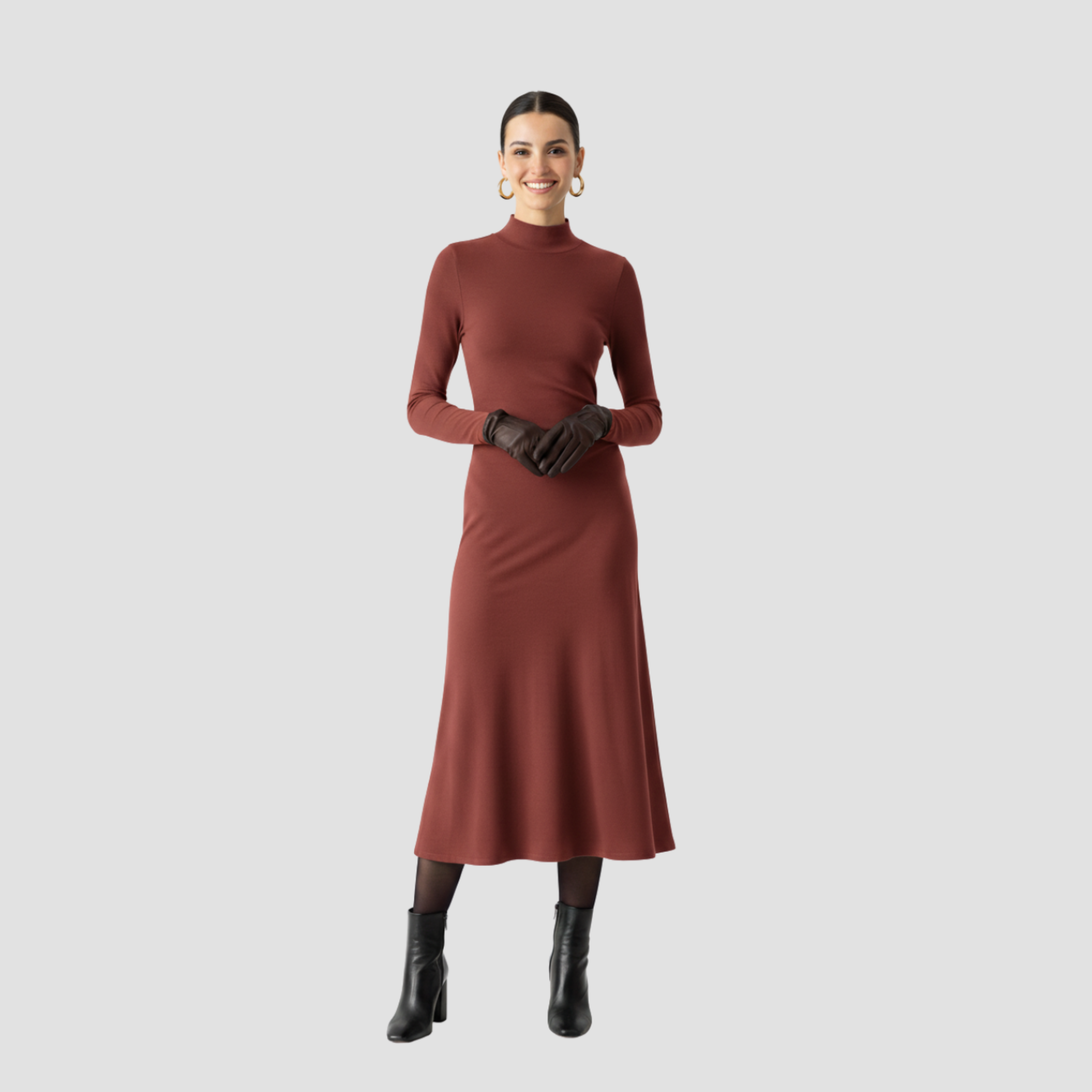 High-Neck Midi Dress | Long Sleeve Fit, Soft Drape & Elegant Seasonal Style