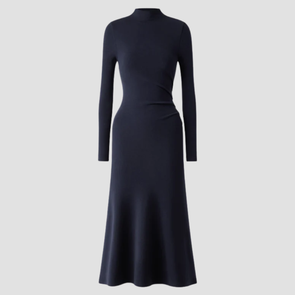 High-Neck Midi Dress | Long Sleeve Fit, Soft Drape & Elegant Seasonal Style