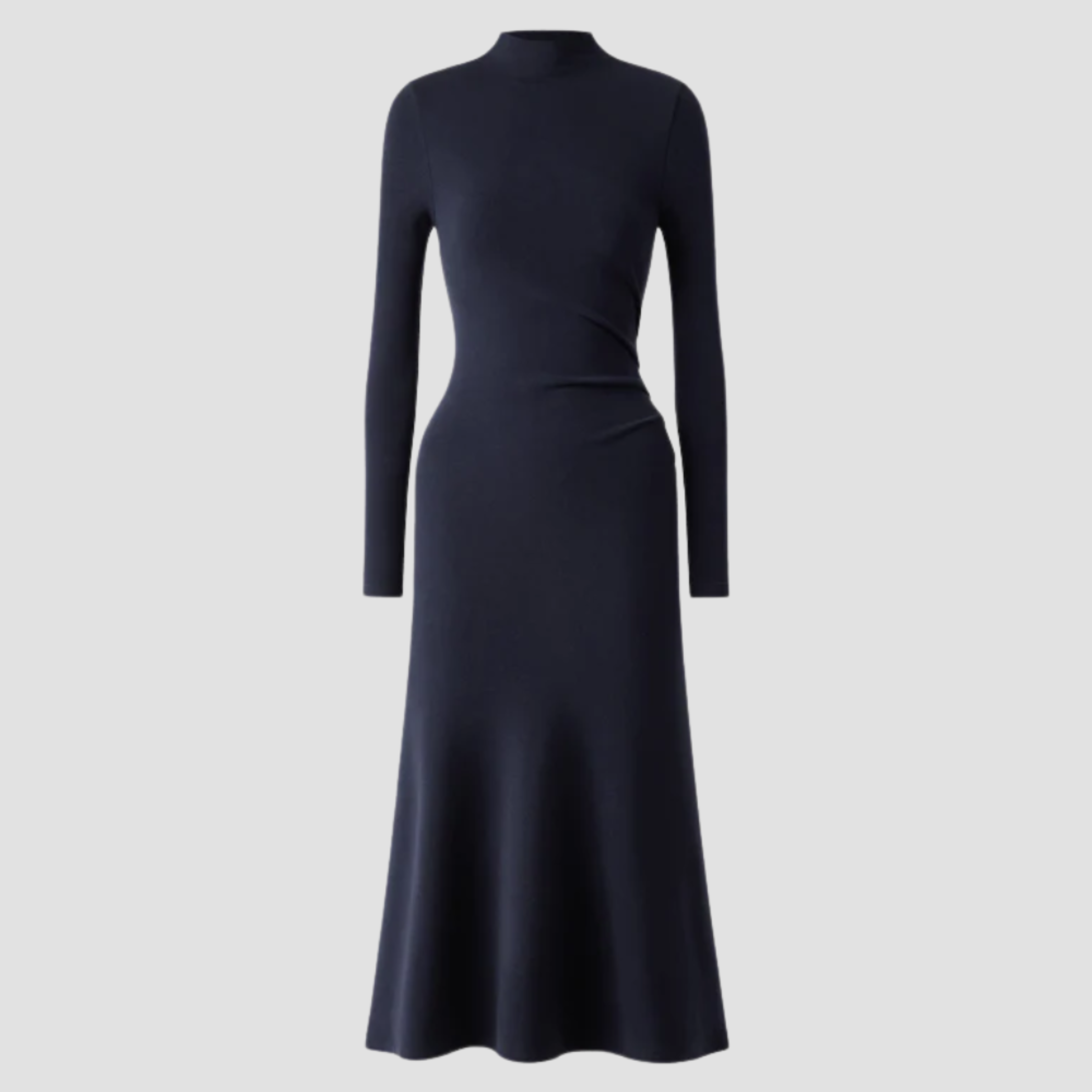 High-Neck Midi Dress | Long Sleeve Fit, Soft Drape & Elegant Seasonal Style