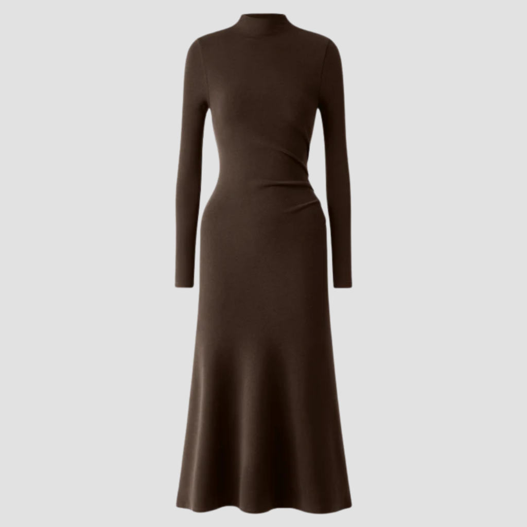 High-Neck Midi Dress | Long Sleeve Fit, Soft Drape & Elegant Seasonal Style
