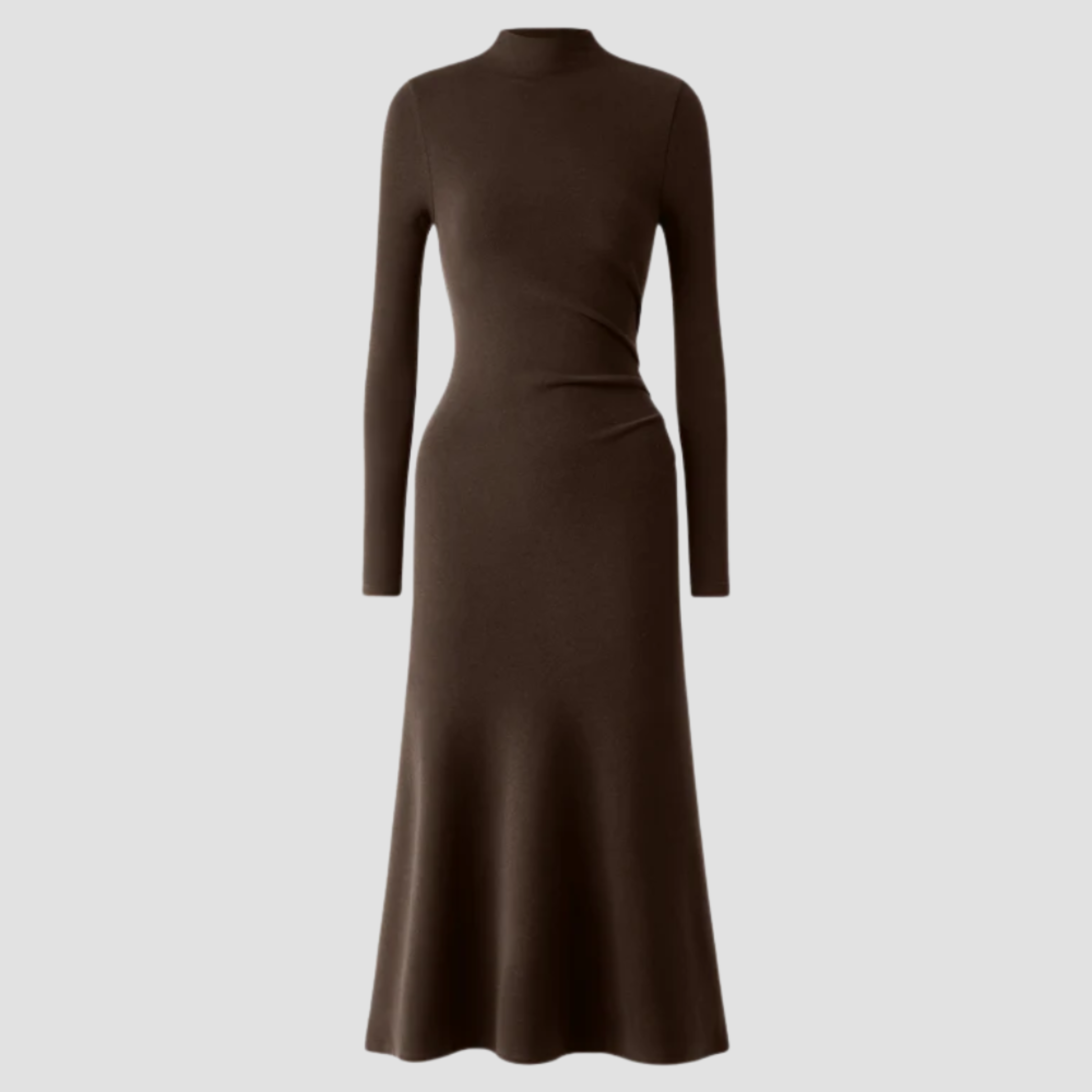 High-Neck Midi Dress | Long Sleeve Fit, Soft Drape & Elegant Seasonal Style