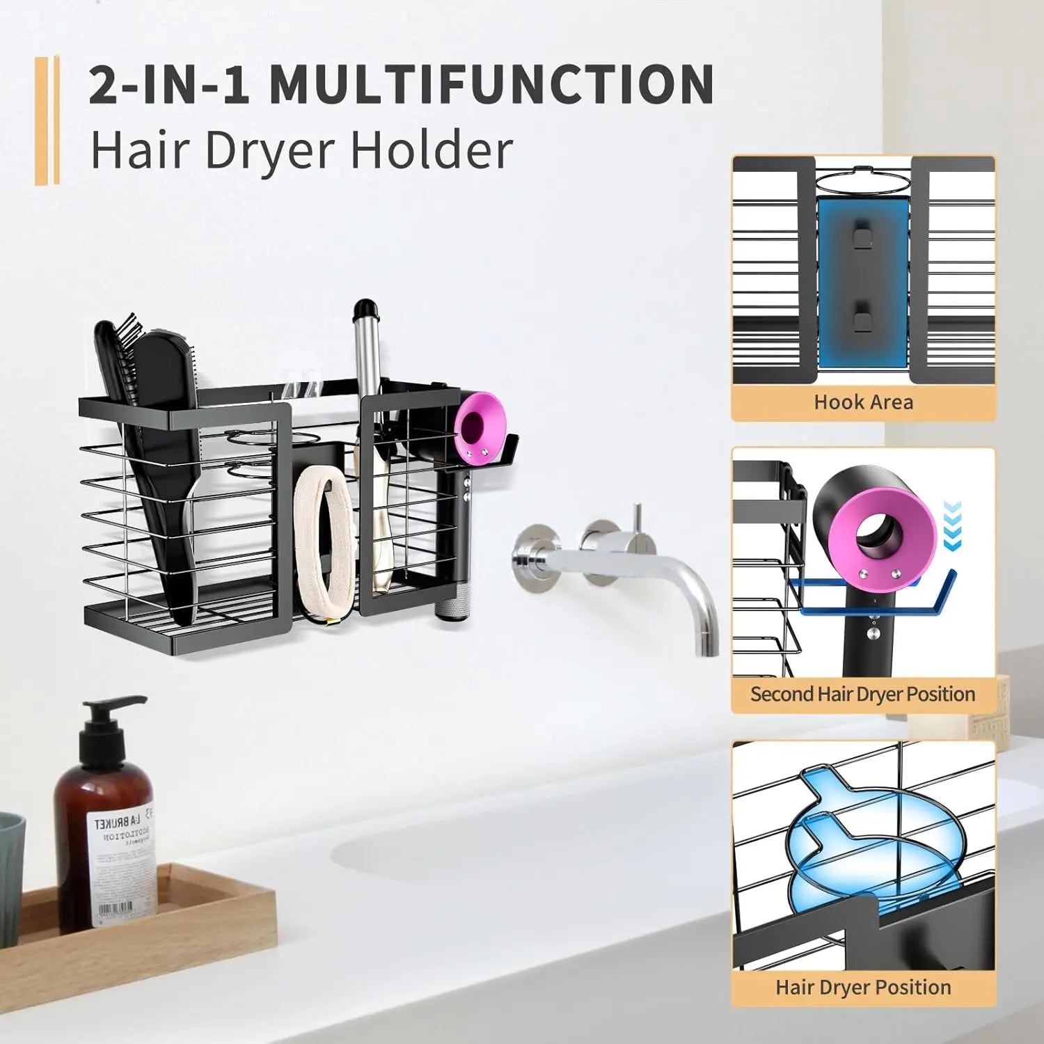 3-in-1 Wall-Mounted Hair Tool Organizer | Hair Dryer, Flat Iron & Curling Iron Holder 2