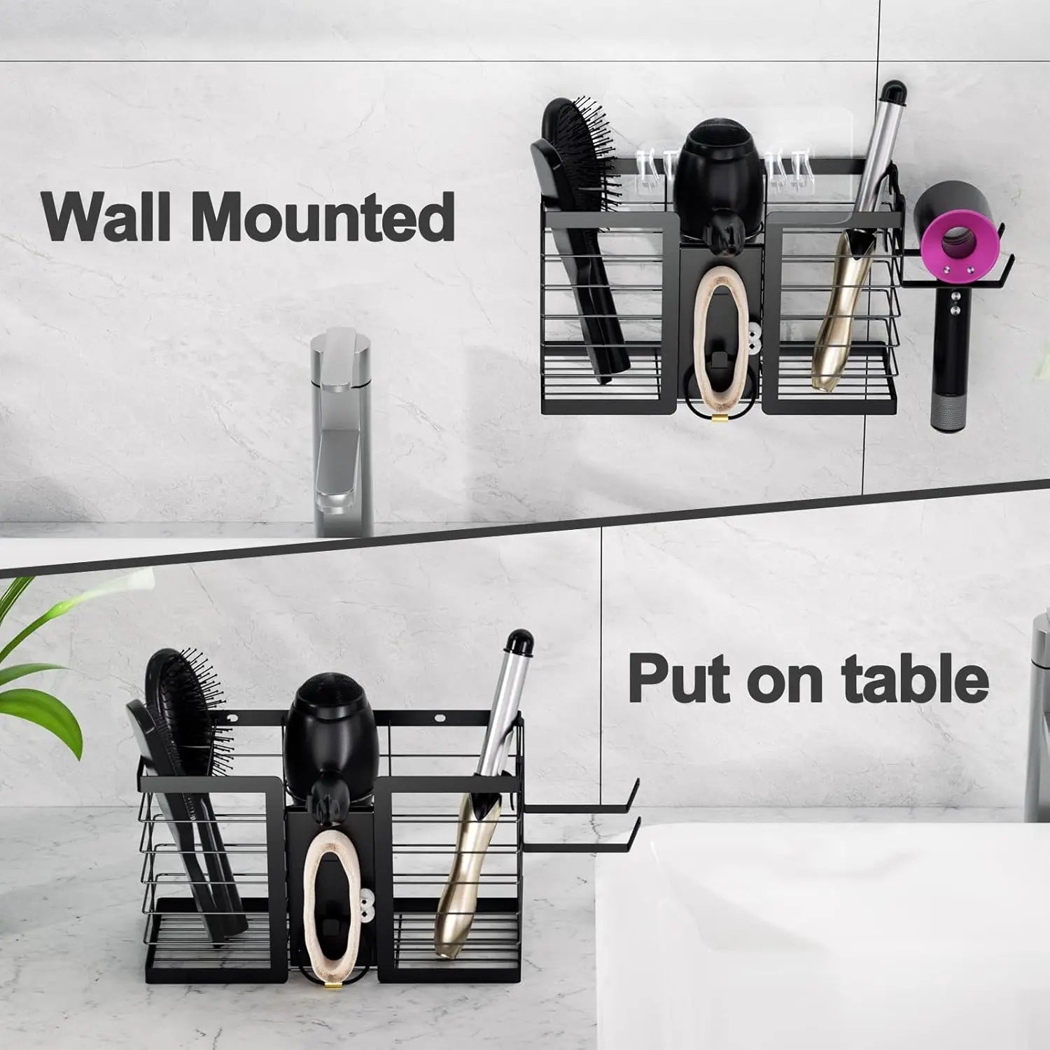 3-in-1 Wall-Mounted Hair Tool Organizer | Hair Dryer, Flat Iron & Curling Iron Holder 3