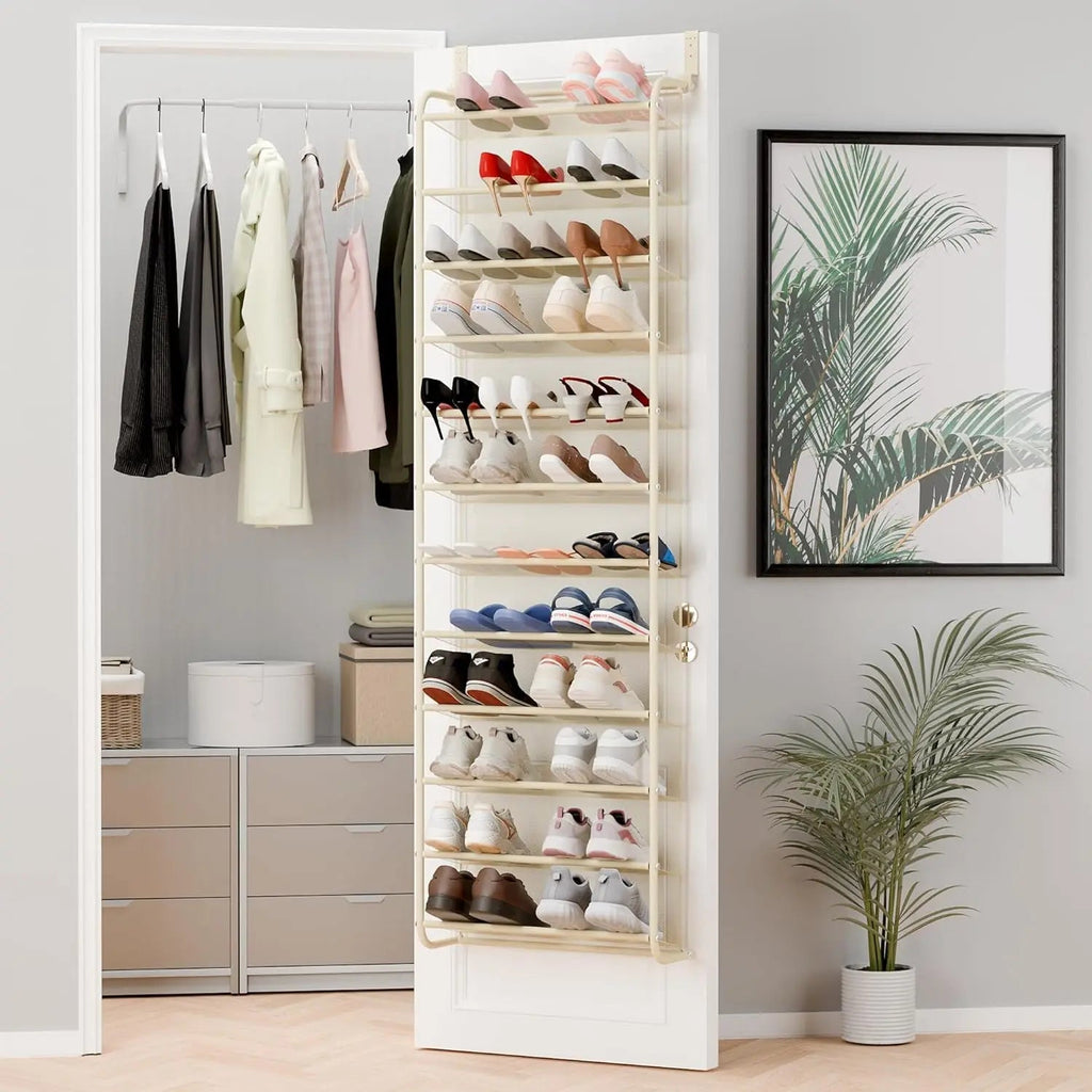 36-Pair Over-the-Door Shoe Organizer | 12-Tier Heavy Duty Metal Mesh Hanging Rack, Beige 0