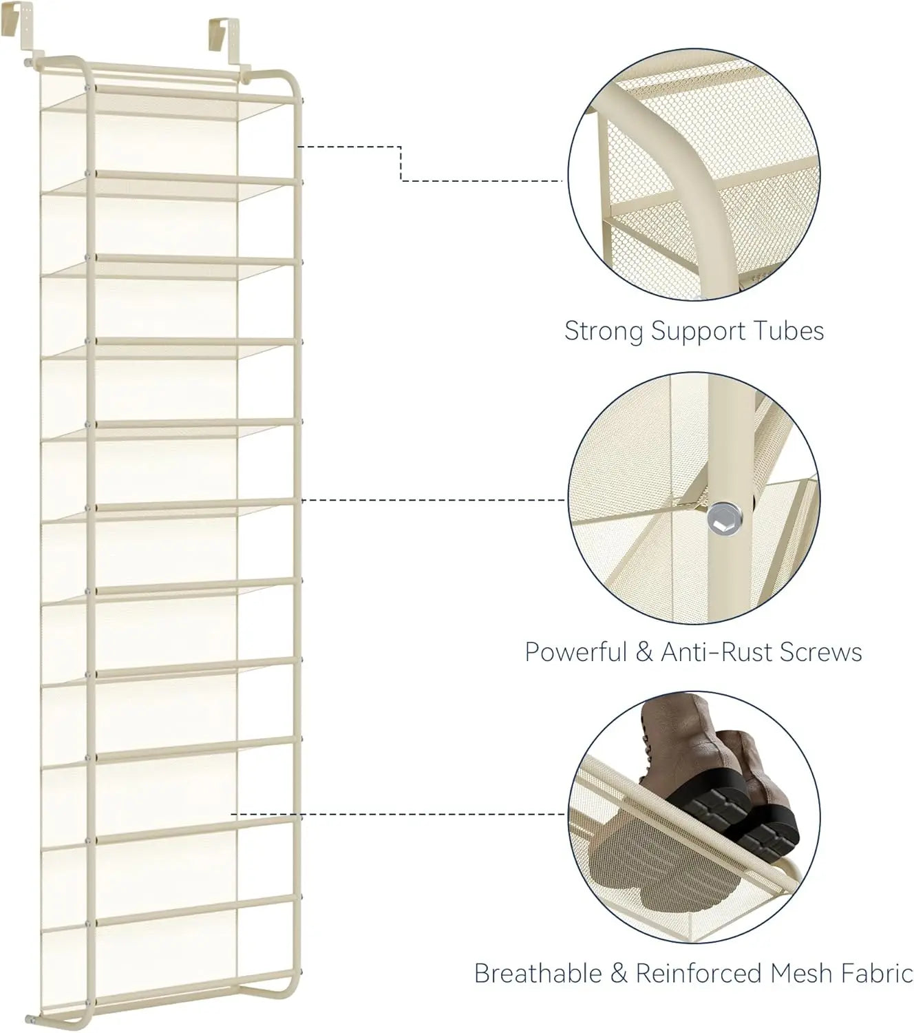 36-Pair Over-the-Door Shoe Organizer | 12-Tier Heavy Duty Metal Mesh Hanging Rack, Beige 3