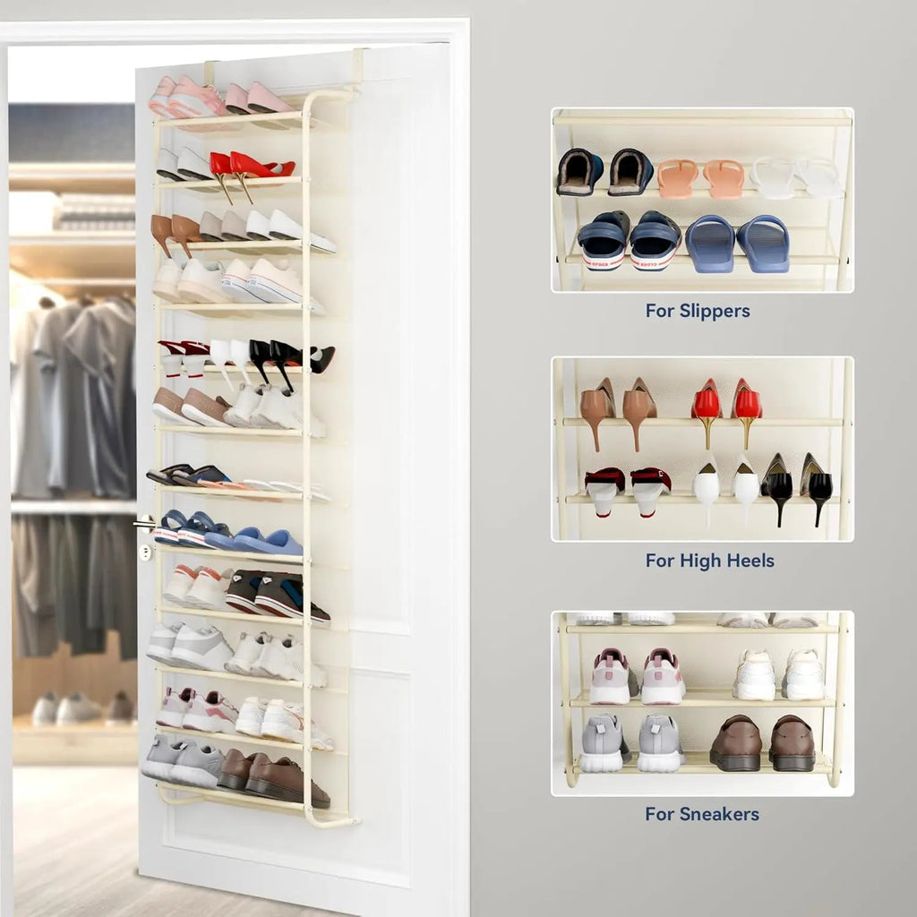 36-Pair Over-the-Door Shoe Organizer | 12-Tier Heavy Duty Metal Mesh Hanging Rack, Beige 4