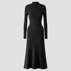 High-Neck Midi Dress | Long Sleeve Fit, Soft Drape & Elegant Seasonal Style