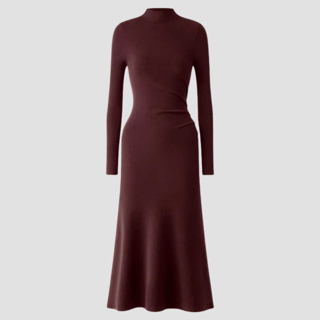 High-Neck Midi Dress | Long Sleeve Fit, Soft Drape & Elegant Seasonal Style