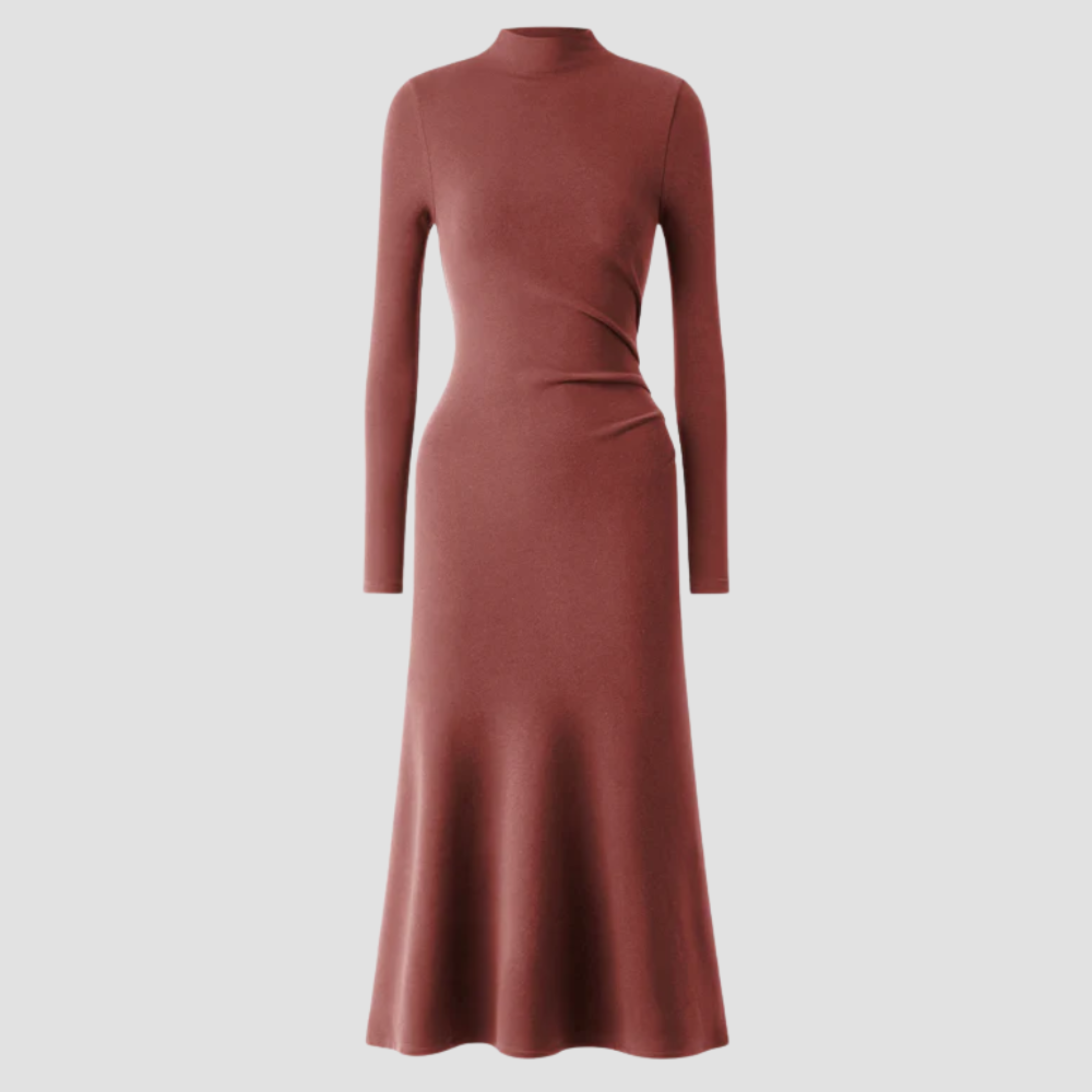 High-Neck Midi Dress | Long Sleeve Fit, Soft Drape & Elegant Seasonal Style