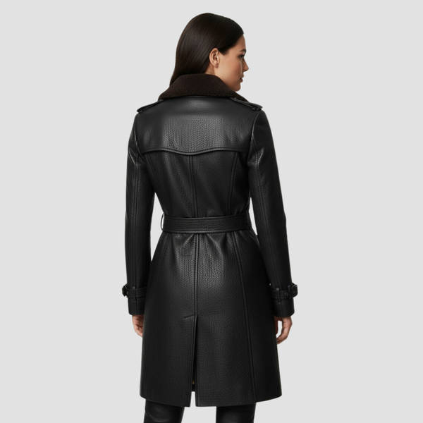 Women’s Double-Breasted Leather Coat | Fleece-Lined Elegant Fit