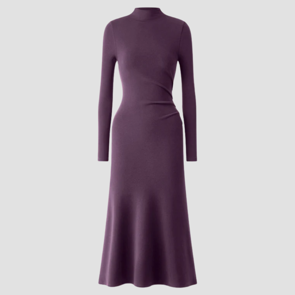 High-Neck Midi Dress | Long Sleeve Fit, Soft Drape & Elegant Seasonal Style