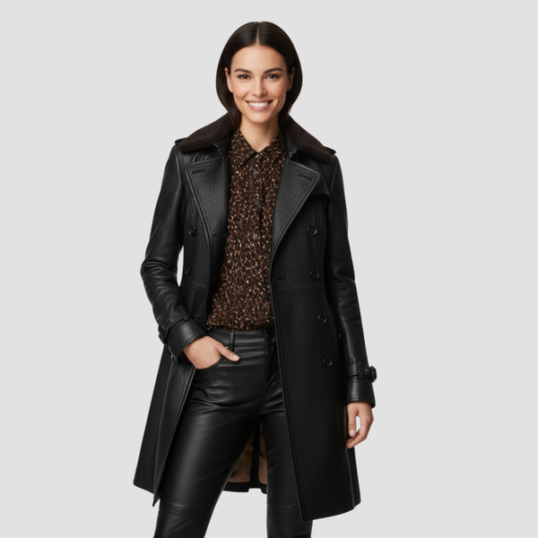 Women’s Double-Breasted Leather Coat | Fleece-Lined Elegant Fit