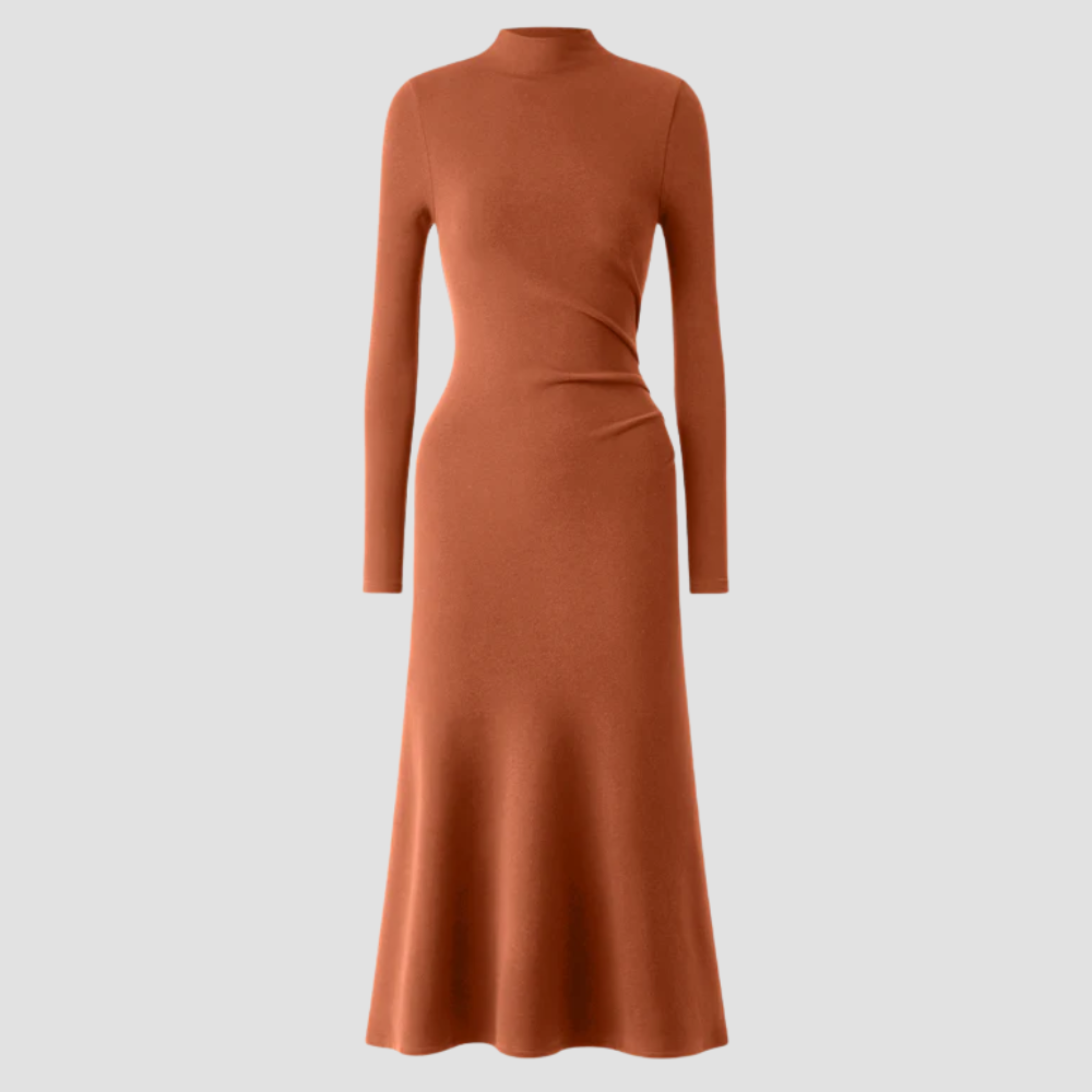 High-Neck Midi Dress | Long Sleeve Fit, Soft Drape & Elegant Seasonal Style