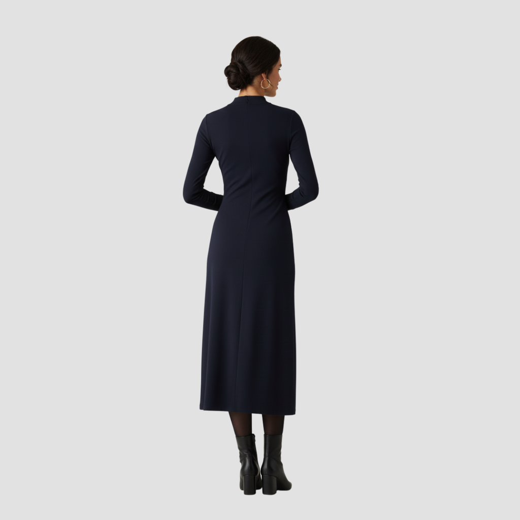 High-Neck Midi Dress | Long Sleeve Fit, Soft Drape & Elegant Seasonal Style