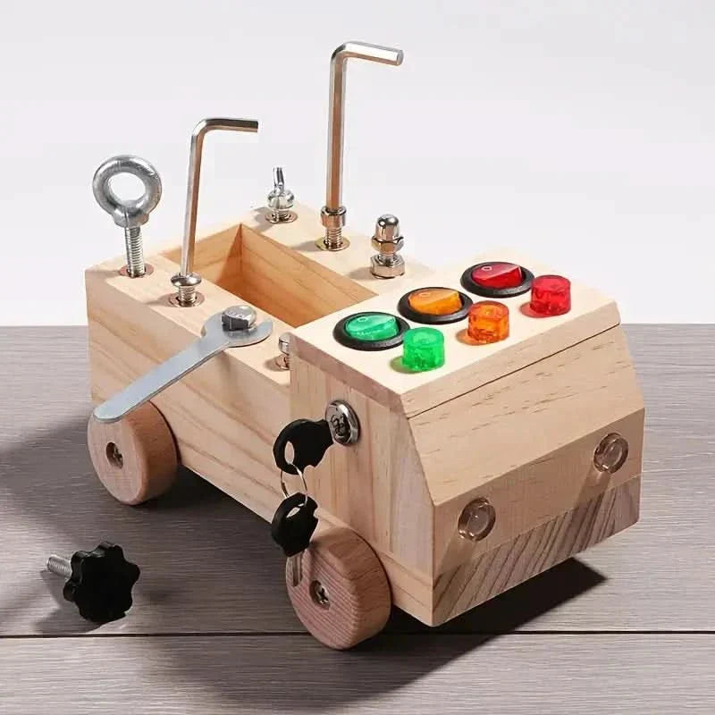 Montessori Activity Board – Wooden Busy Board with LED Lights, Switches & Locks