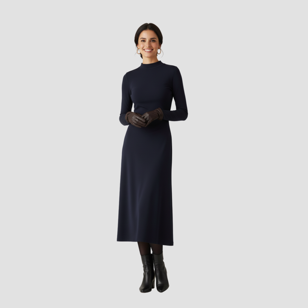 High-Neck Midi Dress | Long Sleeve Fit, Soft Drape & Elegant Seasonal Style