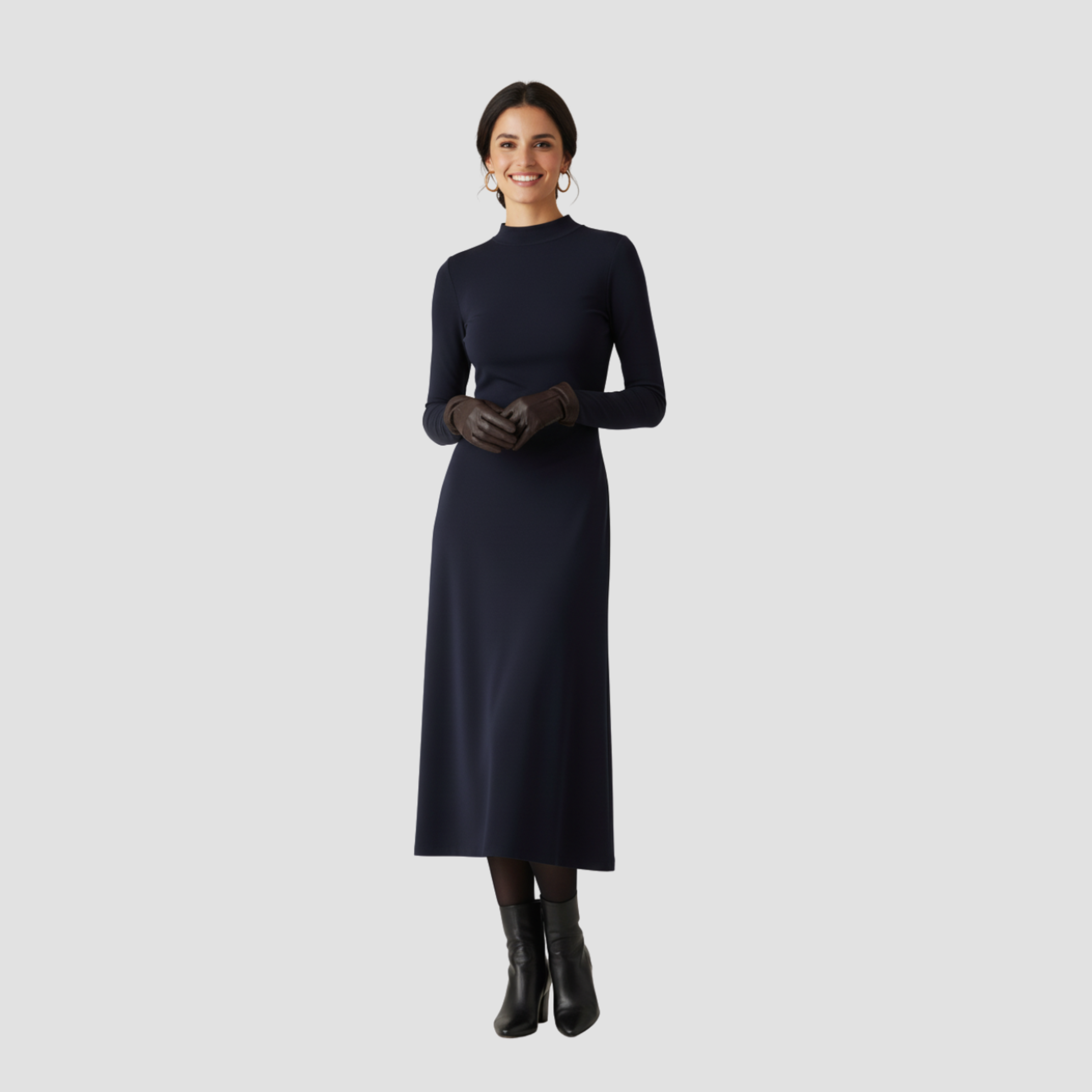 High-Neck Midi Dress | Long Sleeve Fit, Soft Drape & Elegant Seasonal Style