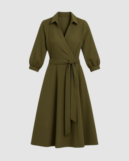 A-line midi dress with a shirt collar and belted waist with pockets 2