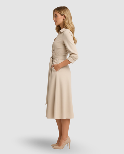A-line midi dress with a shirt collar and belted waist with pockets 6