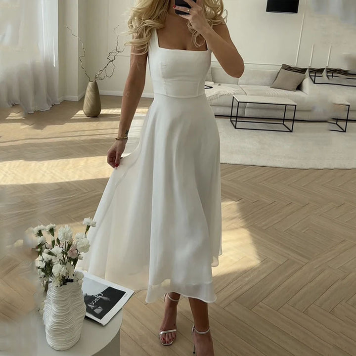 Celeste | Elegant Women Wedding Guest Square Neck Midi Dress 0