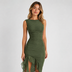 Mesh Midi Dress | Ruched Fit, Ruffled Hem & Elegant Evening Style