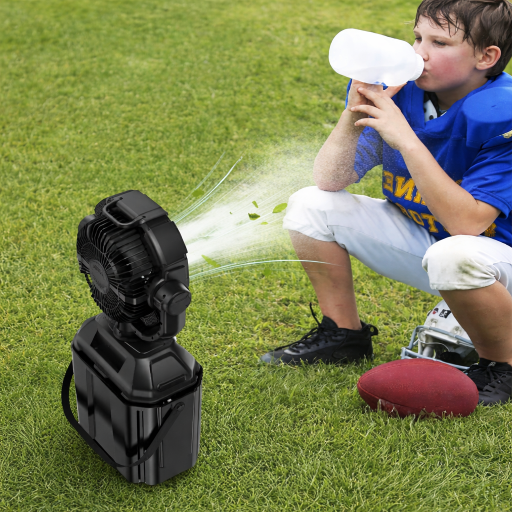 Portable Misting Fan – Rechargeable Camping Fan with 6L Bucket & Remote Control