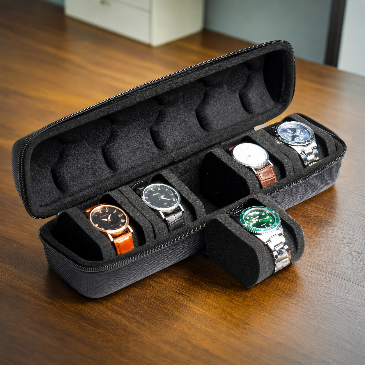 Watch Travel Case – 5-Slot Hard Shell Watch Storage Box with Removable Cushions