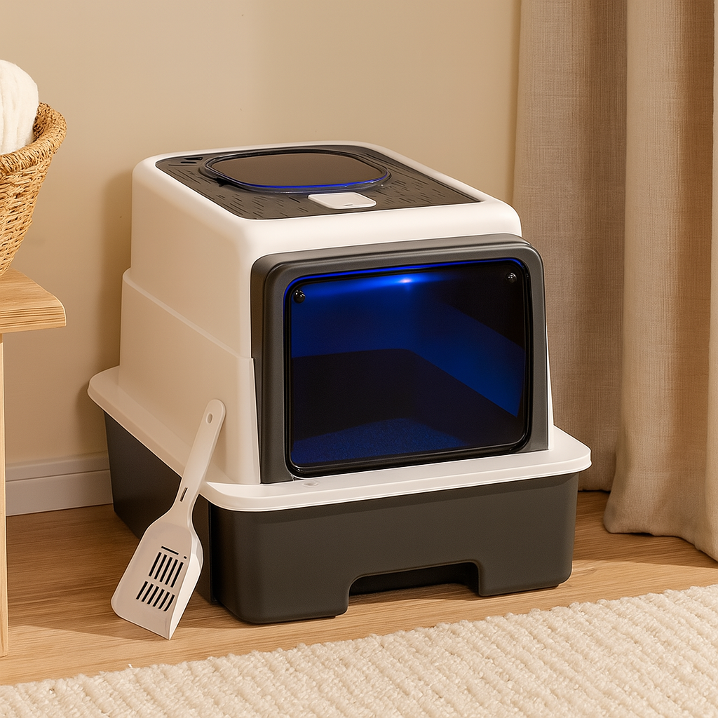 Enclosed Cat Litter Box – Hooded Litter Tray with Scoop