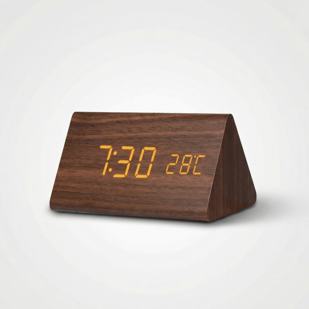 Wooden triangle-shaped digital clock with orange LED display on a white background