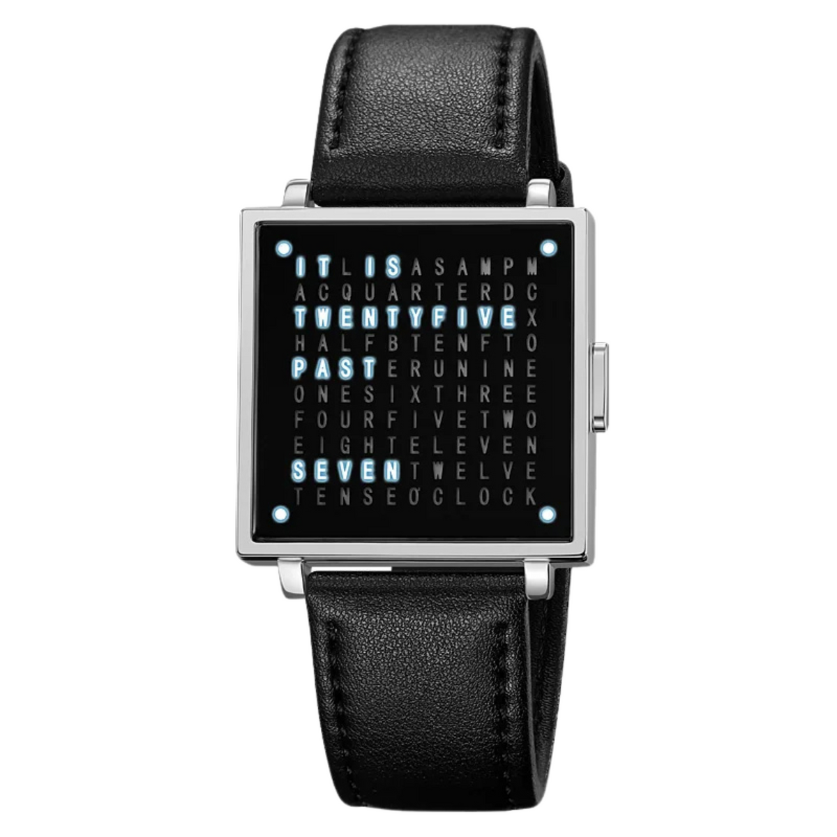 Digital Watch with LED Word Grid Display and Leather Strap for Men and Women 5