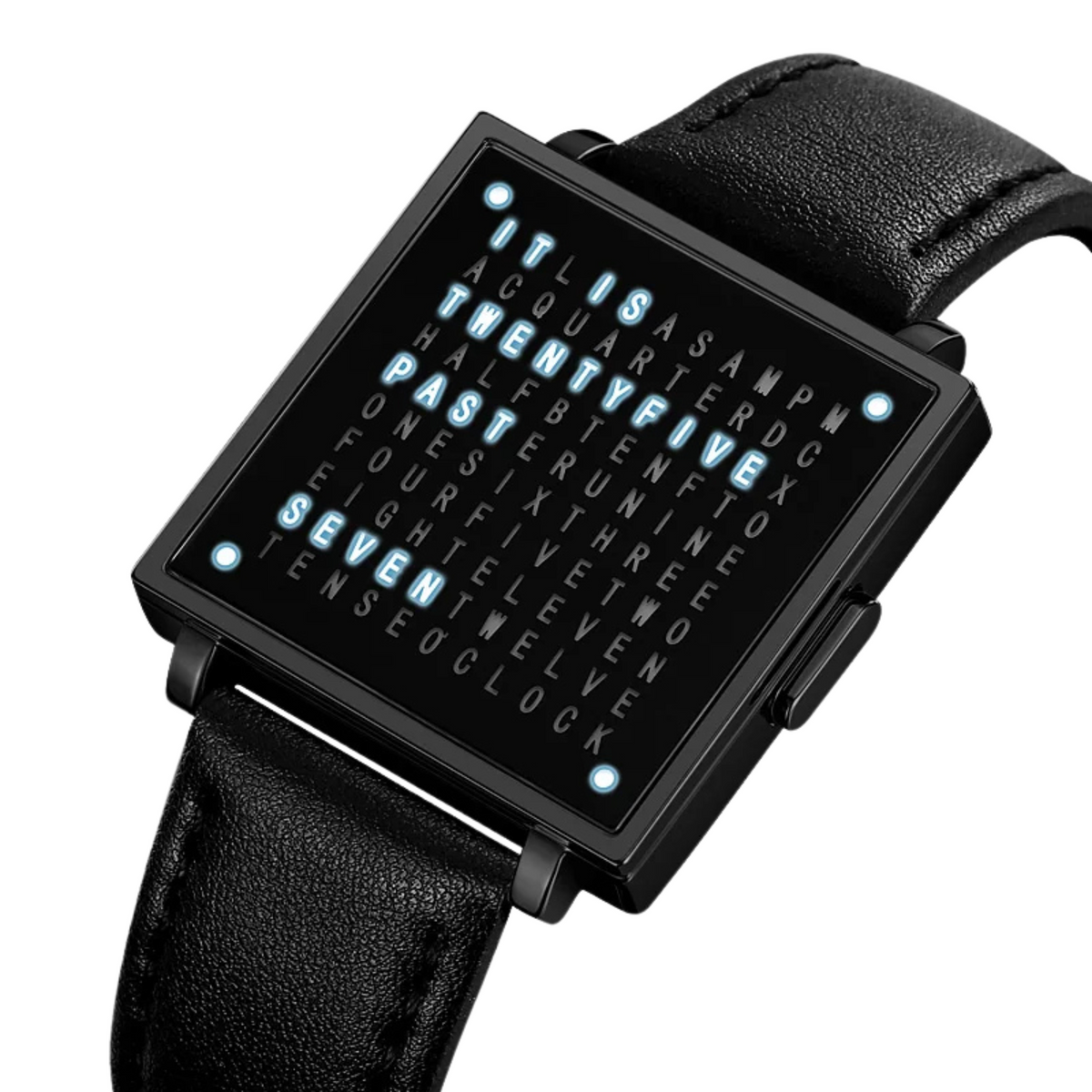 Digital Watch with LED Word Grid Display and Leather Strap for Men and Women 9