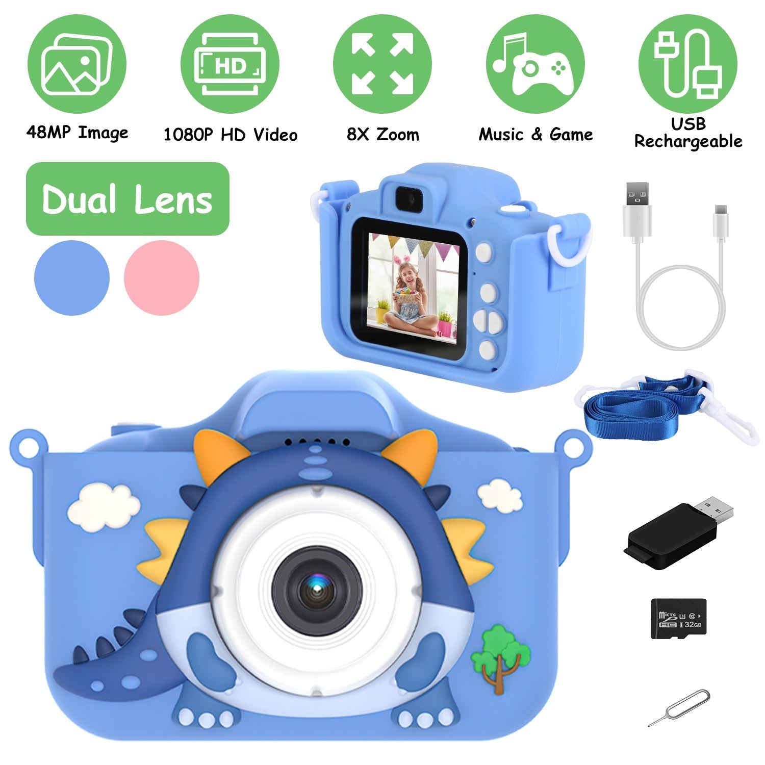 Dinosaur Kids Selfie Camera | 48MP 1080P HD Digital Camera with Games & Music, Ages 6+ 2