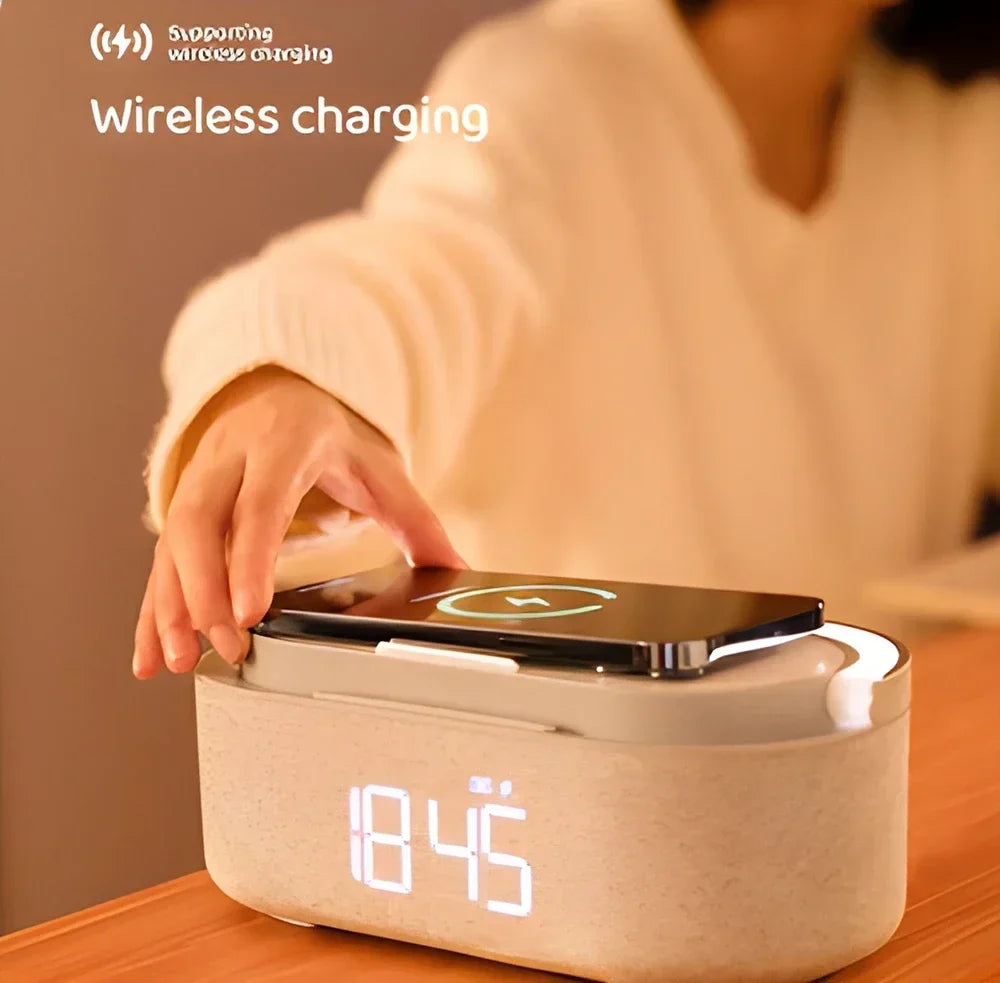 Wireless Charging Alarm Clock – Bluetooth Speaker with Night Light & Phone Stand