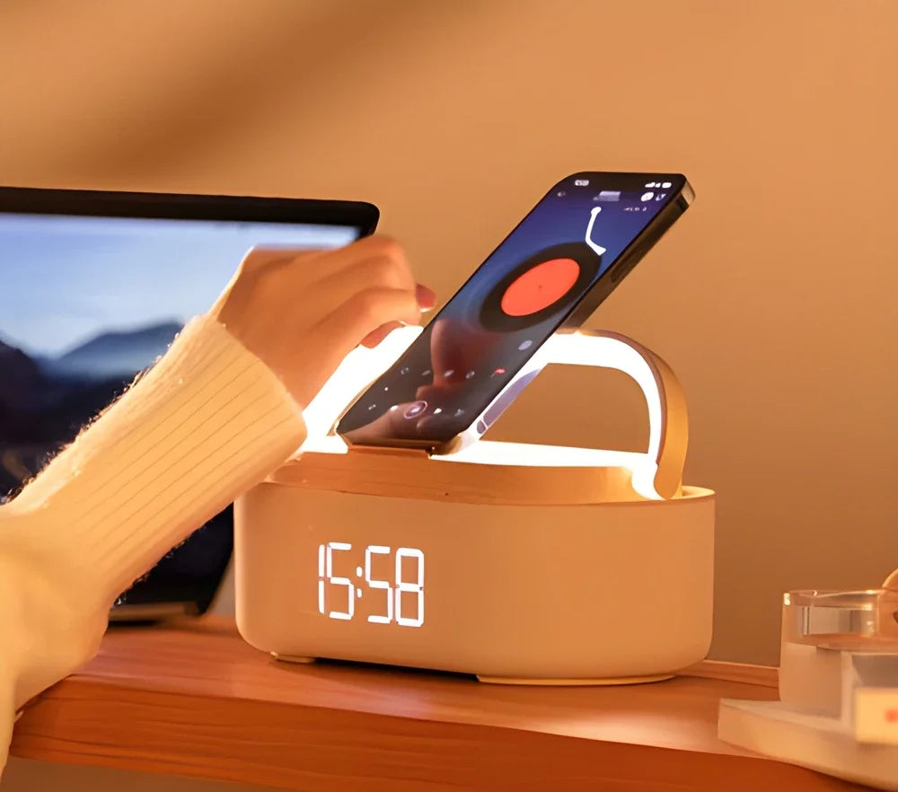 Wireless Charging Alarm Clock – Bluetooth Speaker with Night Light & Phone Stand