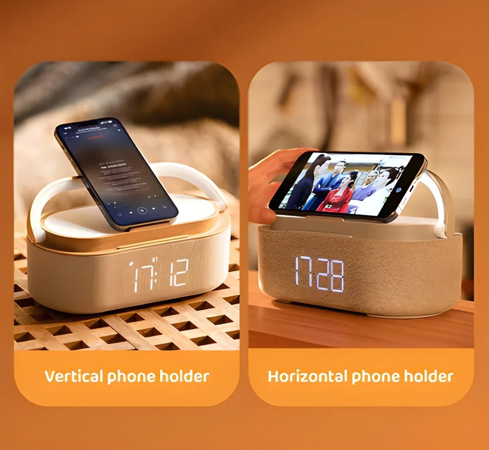 Wireless Charging Alarm Clock – Bluetooth Speaker with Night Light & Phone Stand