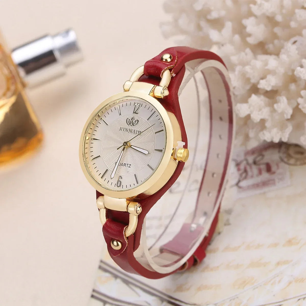 Elegant Quartz Watch with Gold-Plated Bezel and Vegan Leather Strap 2