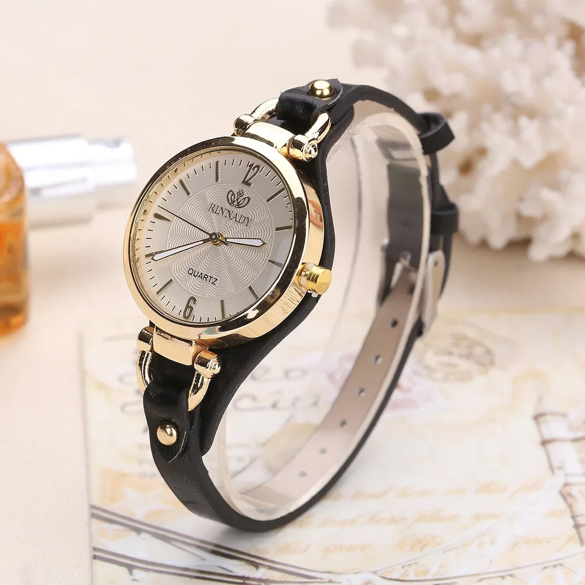Elegant Quartz Watch with Gold-Plated Bezel and Vegan Leather Strap 5