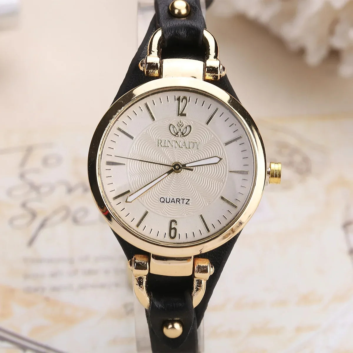 Elegant Quartz Watch with Gold-Plated Bezel and Vegan Leather Strap 7