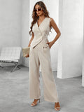 Elegante Mouwloze Blazer en Wijde Pijpen Broek Set 0