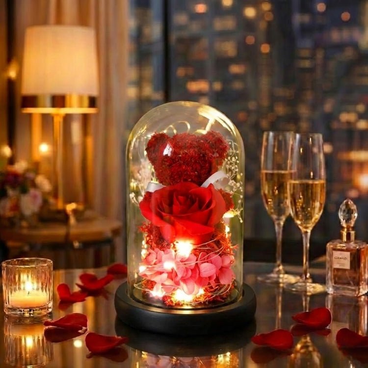 Eternal Rose Bear in Glass Dome with Lights - Romantic Anniversary Gift for Her, Preserved Red Forever Rose, Enchanted Teddy Bear Lamp Gift by Kouvr 1