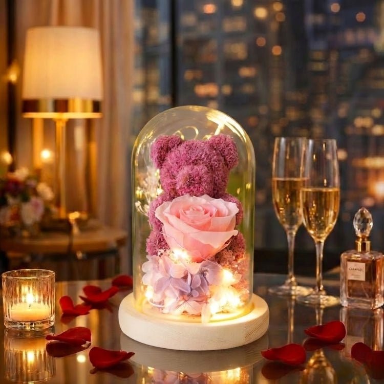 Eternal Rose Bear in Glass Dome with Lights - Romantic Anniversary Gift for Her, Preserved Red Forever Rose, Enchanted Teddy Bear Lamp Gift by Kouvr 2