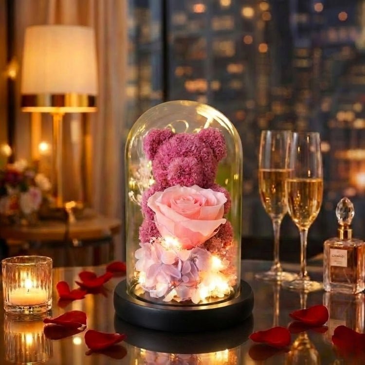 Eternal Rose Bear in Glass Dome with Lights - Romantic Anniversary Gift for Her, Preserved Red Forever Rose, Enchanted Teddy Bear Lamp Gift by Kouvr 3