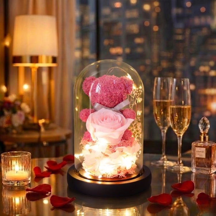 Eternal Rose Bear in Glass Dome with Lights - Romantic Anniversary Gift for Her, Preserved Red Forever Rose, Enchanted Teddy Bear Lamp Gift by Kouvr 7