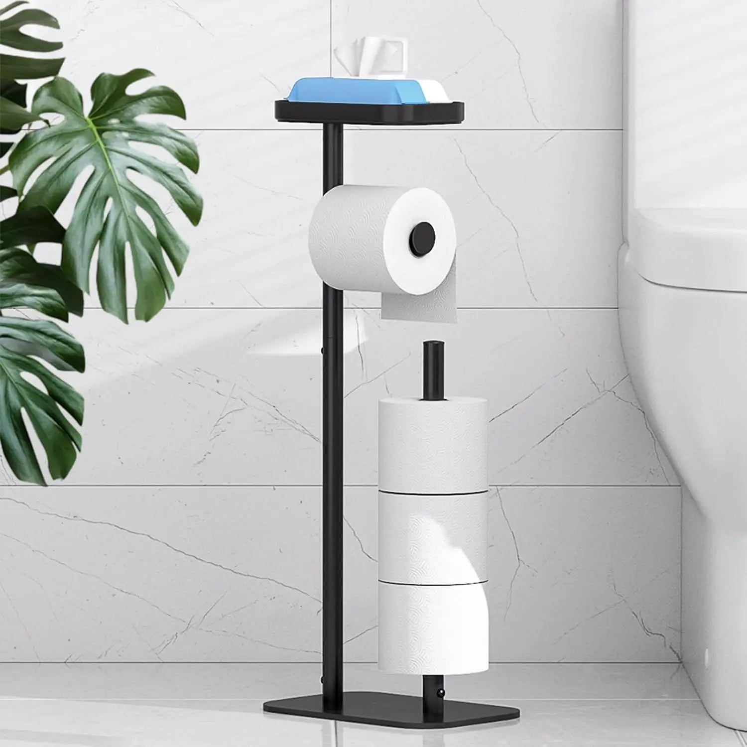 Free-Standing Toilet Paper Holder with Shelf | Rustproof Metal Bathroom Organizer, Black 0