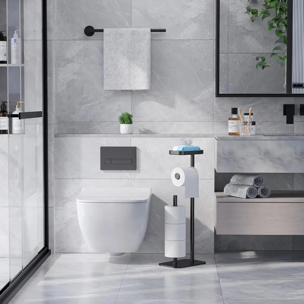Free-Standing Toilet Paper Holder with Shelf | Rustproof Metal Bathroom Organizer, Black 1